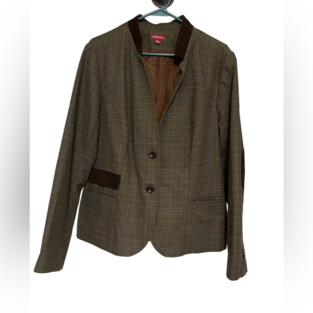 Merona Green Brown Plaid Jacket with Brown faux suede patches on both elbows